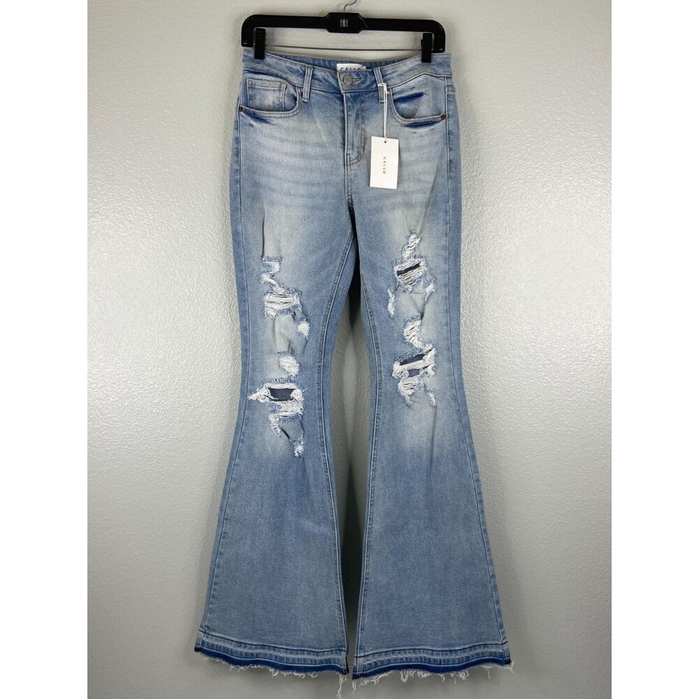 Cello Women Size 5 Denim Jeans Mid Rise Flare Distressed NWT